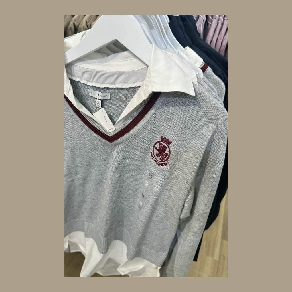 Tommy Hilfiger Layered V-neck Sweater with Crest Logo - Light Gray with White Collar - Size large