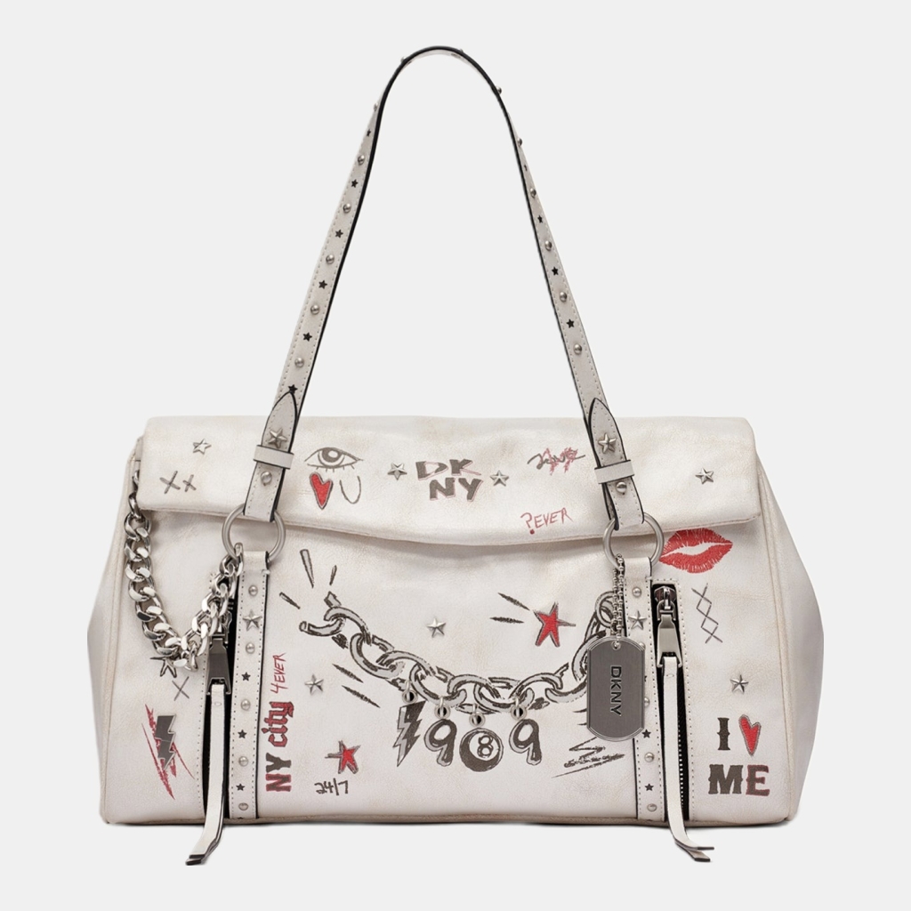 DKNY SKYE MEDIUM GRAFFITI SATCHEL - Marshmallow
